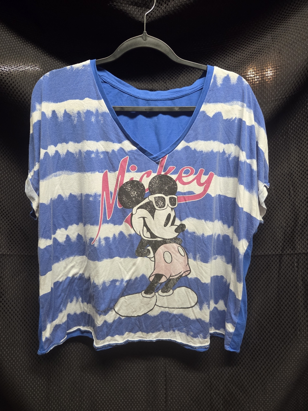 Disney Plus Size Mickey Crop Graphic Tee Blue and White Tie-Dye V-Neck
